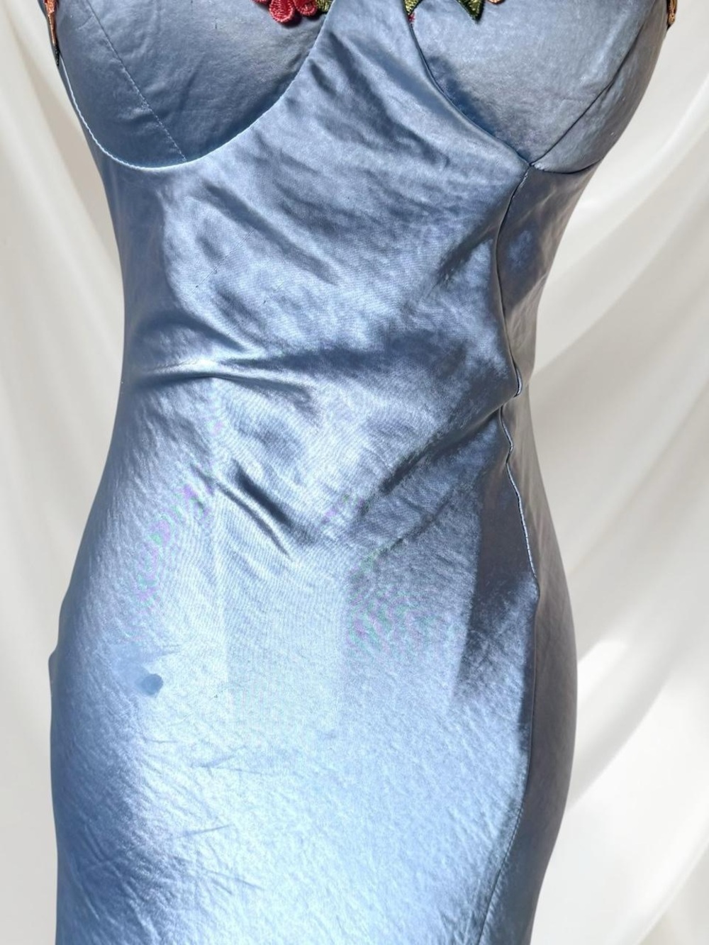 Floral Trim Satin Slip Dress in Light Blue - Picture 4 of 10